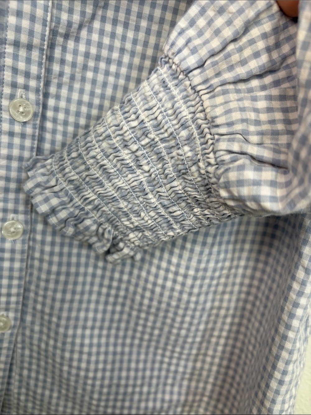 Boden Blue White Gingham Smocked Button Down Blouse Women Size 6 - Picture 4 of 5